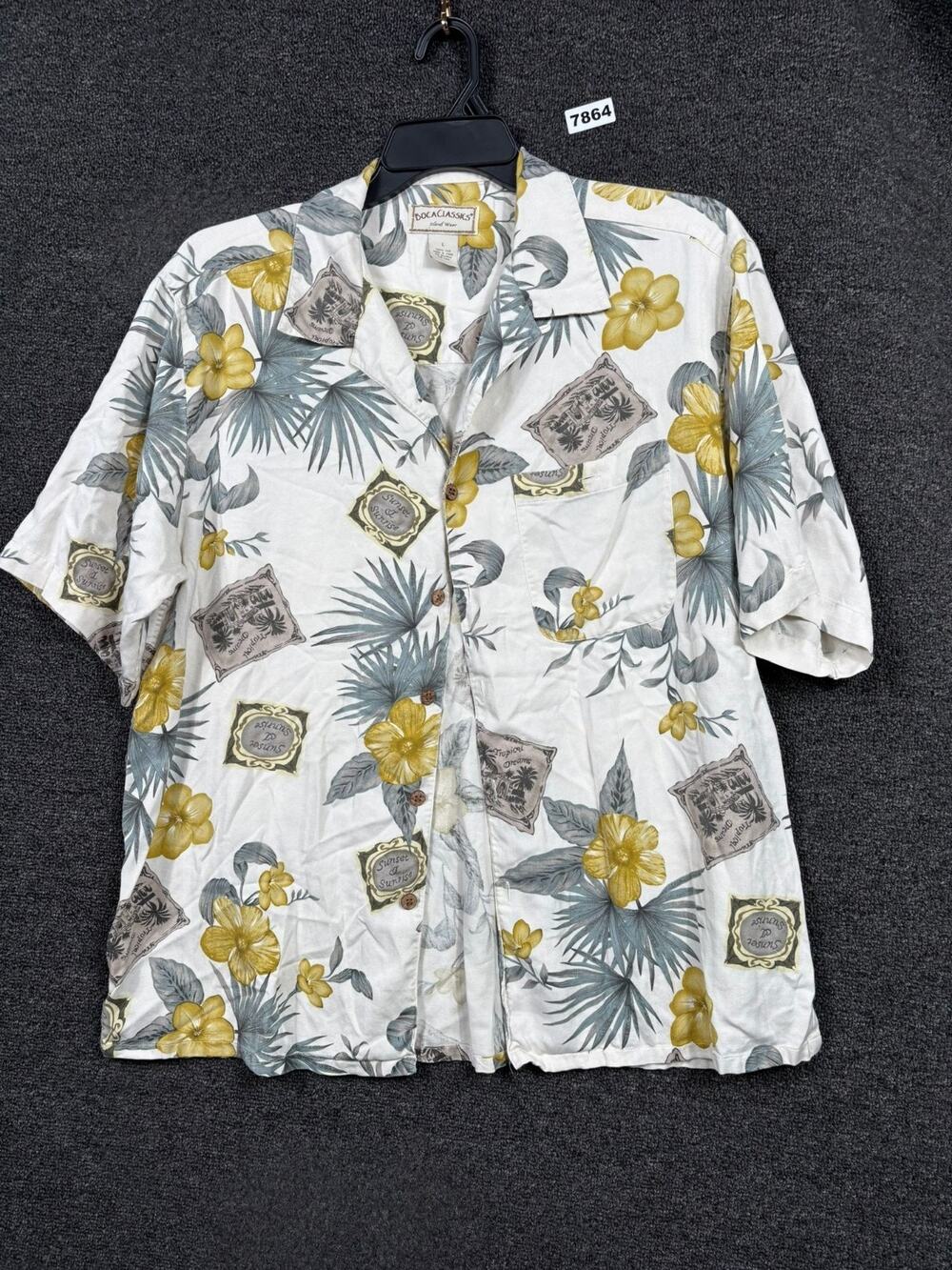 Boca Classics Hawaiian Button Up Shirt Mens Size L White Floral Short Sleeve